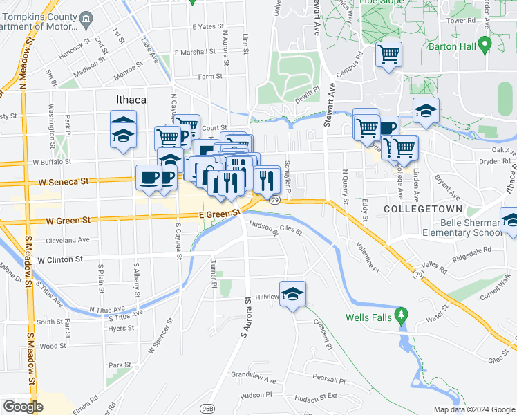 map of restaurants, bars, coffee shops, grocery stores, and more near 334 East State Street in Ithaca