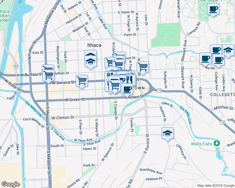 map of restaurants, bars, coffee shops, grocery stores, and more near in Ithaca
