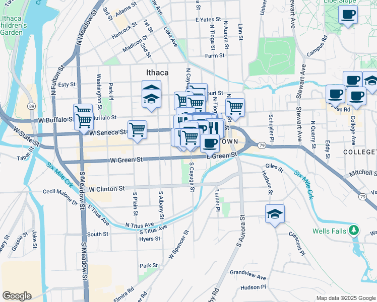 map of restaurants, bars, coffee shops, grocery stores, and more near in Ithaca