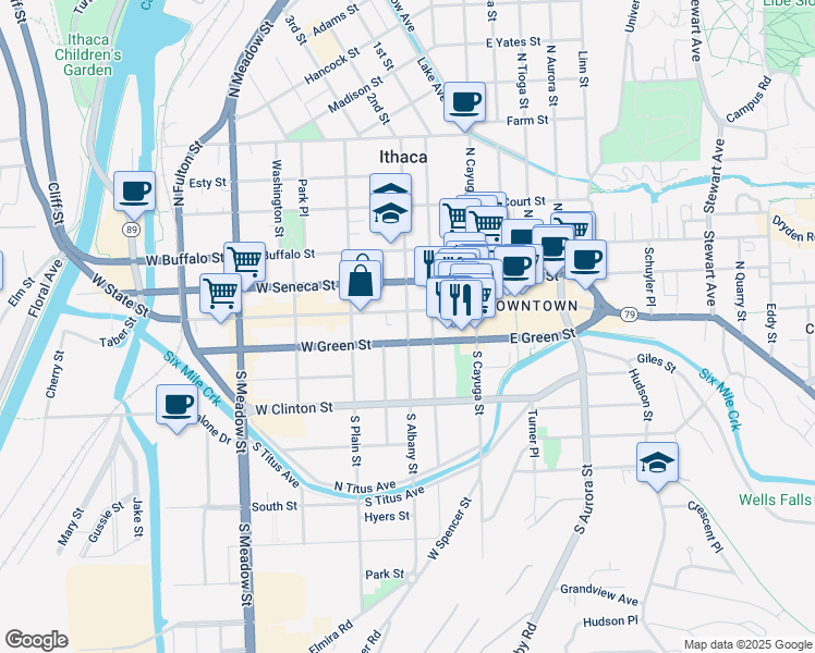 map of restaurants, bars, coffee shops, grocery stores, and more near 214 West State Street in Ithaca