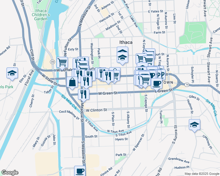 map of restaurants, bars, coffee shops, grocery stores, and more near 408 West State Street in Ithaca