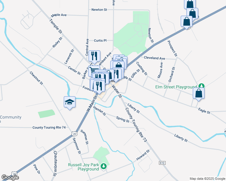 map of restaurants, bars, coffee shops, grocery stores, and more near 26 Water Street in Fredonia