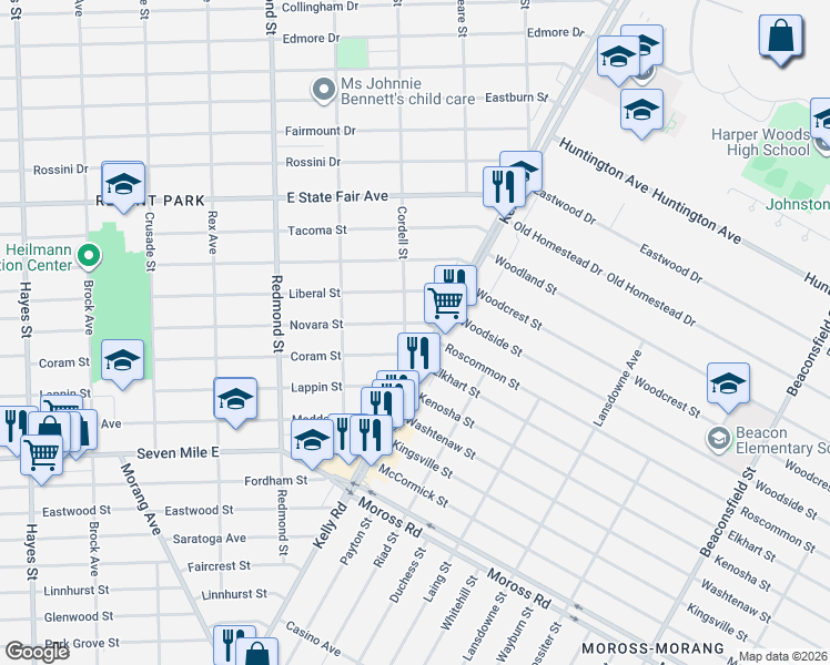 map of restaurants, bars, coffee shops, grocery stores, and more near 16435 Novara Street in Detroit
