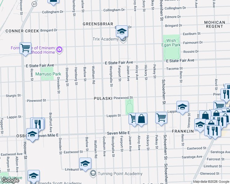 map of restaurants, bars, coffee shops, grocery stores, and more near 19568 Westphalia Street in Detroit