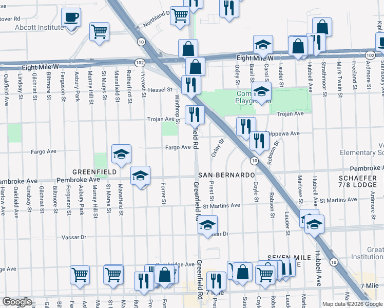 map of restaurants, bars, coffee shops, grocery stores, and more near 20001 Greenfield Road in Detroit