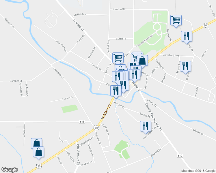 map of restaurants, bars, coffee shops, grocery stores, and more near 26 Forest Place in Fredonia
