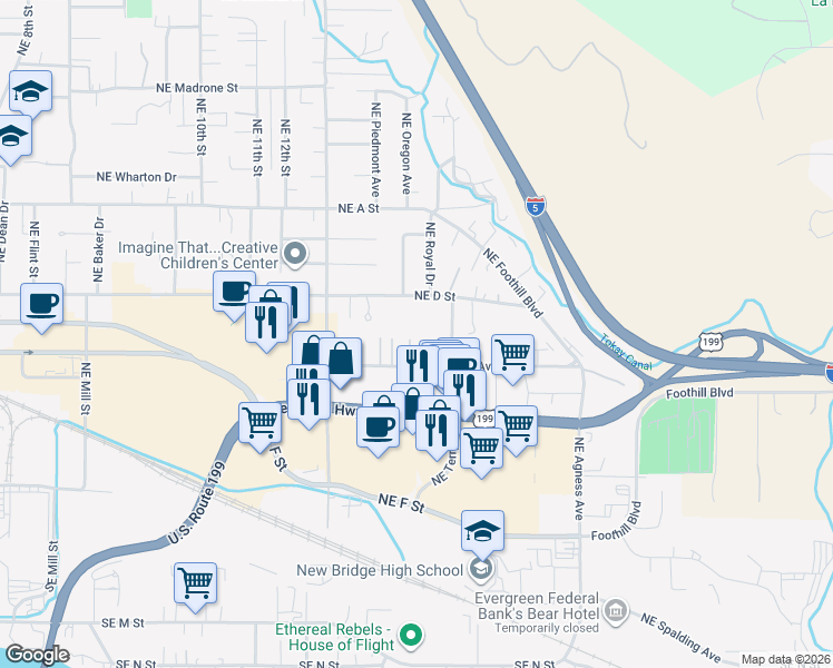 map of restaurants, bars, coffee shops, grocery stores, and more near 1818 Northeast Fairview Avenue in Grants Pass