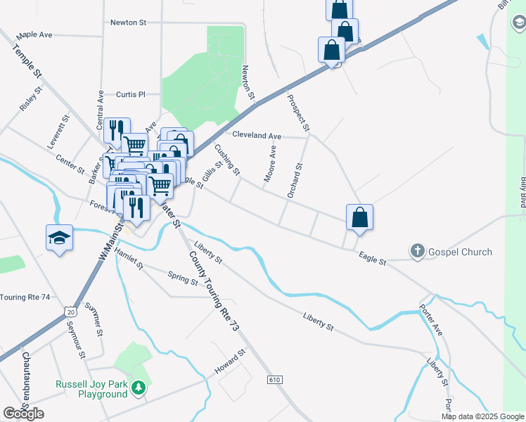 map of restaurants, bars, coffee shops, grocery stores, and more near 71 Cushing Street in Fredonia