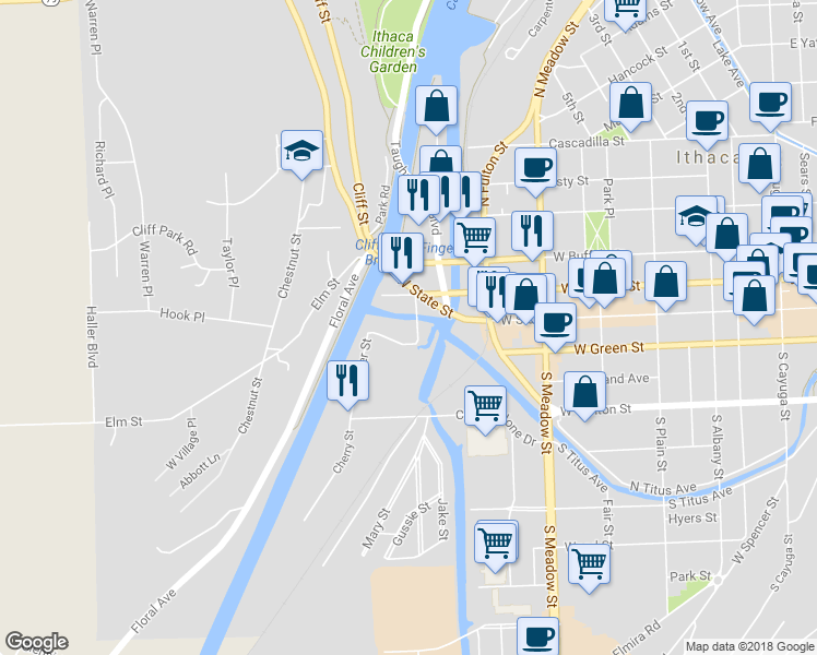 map of restaurants, bars, coffee shops, grocery stores, and more near 120 Brindley Street in Ithaca