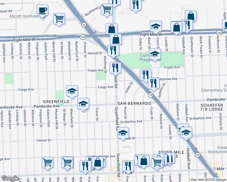 map of restaurants, bars, coffee shops, grocery stores, and more near 20001 Greenfield Road in Detroit