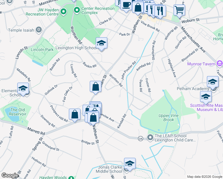 map of restaurants, bars, coffee shops, grocery stores, and more near 27 Captain Parker Arms in Lexington