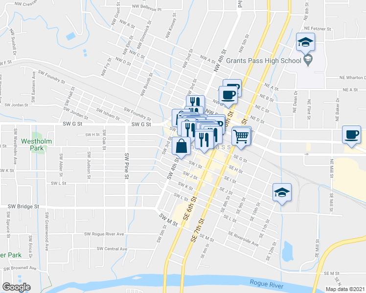 map of restaurants, bars, coffee shops, grocery stores, and more near SW 4th St & SW H St in Grants Pass