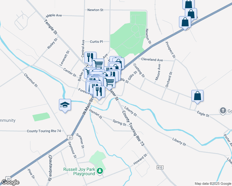 map of restaurants, bars, coffee shops, grocery stores, and more near 26 Water Street in Fredonia