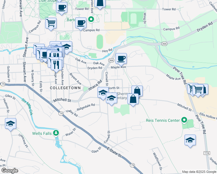 map of restaurants, bars, coffee shops, grocery stores, and more near 217 Cornell Street in Ithaca