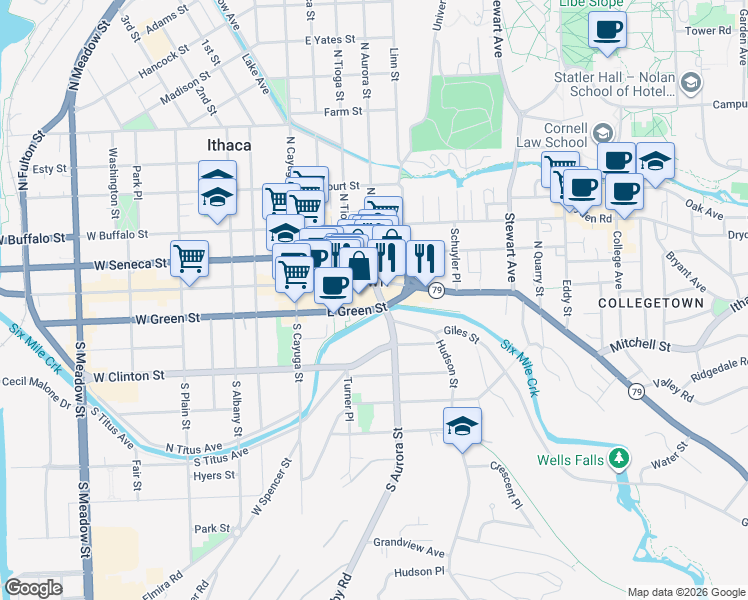 map of restaurants, bars, coffee shops, grocery stores, and more near 215 East State Street in Ithaca