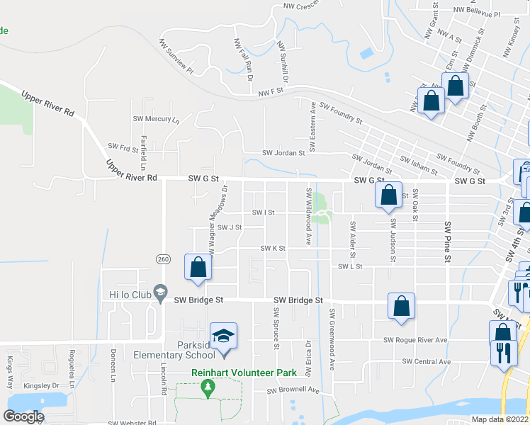 map of restaurants, bars, coffee shops, grocery stores, and more near 234 Southwest Western Avenue in Grants Pass