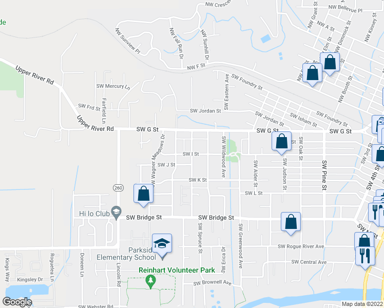 map of restaurants, bars, coffee shops, grocery stores, and more near Southwest Western Avenue in Grants Pass