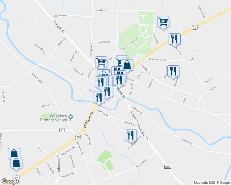map of restaurants, bars, coffee shops, grocery stores, and more near 60 Canadaway Street in Fredonia