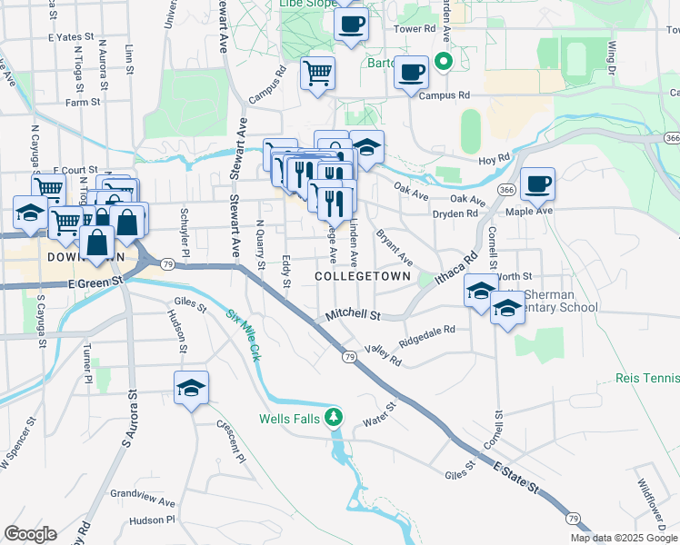 map of restaurants, bars, coffee shops, grocery stores, and more near 127 College Avenue in Ithaca