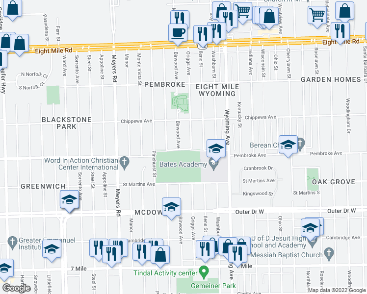 map of restaurants, bars, coffee shops, grocery stores, and more near 19930 Birwood Ave in Detroit