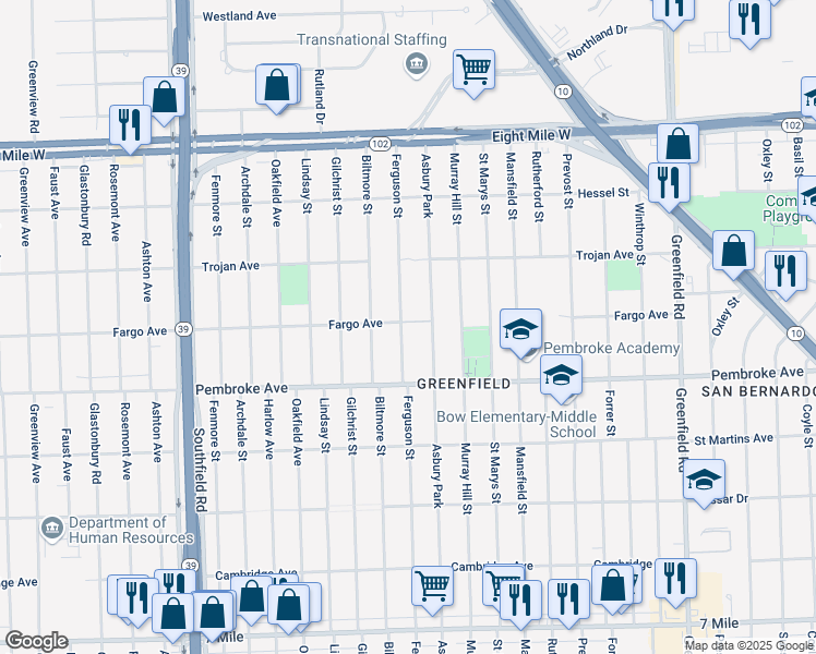 map of restaurants, bars, coffee shops, grocery stores, and more near 20018 Ferguson Street in Detroit