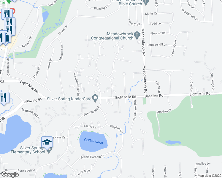 map of restaurants, bars, coffee shops, grocery stores, and more near 20905 East Glen Haven Circle in Northville