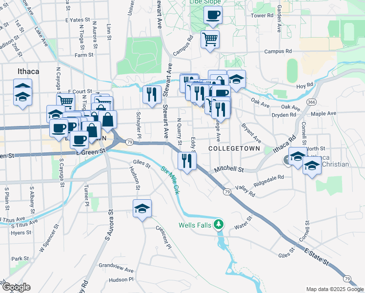 map of restaurants, bars, coffee shops, grocery stores, and more near 107 North Quarry Street in Ithaca