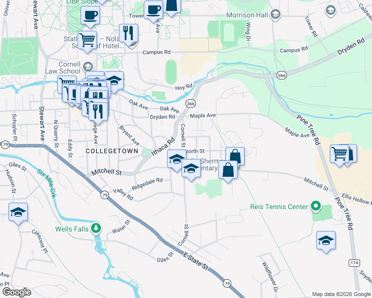 map of restaurants, bars, coffee shops, grocery stores, and more near 217 Cornell Street in Ithaca