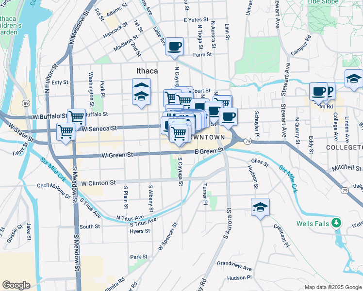 map of restaurants, bars, coffee shops, grocery stores, and more near 111 South Cayuga Street in Ithaca