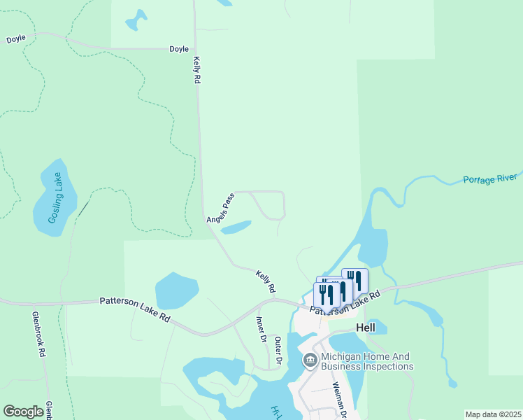 map of restaurants, bars, coffee shops, grocery stores, and more near 4110 Angels Pass in Pinckney
