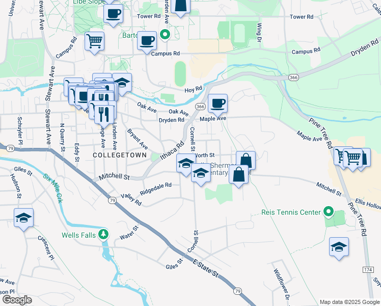 map of restaurants, bars, coffee shops, grocery stores, and more near 204 Cornell Street in Ithaca