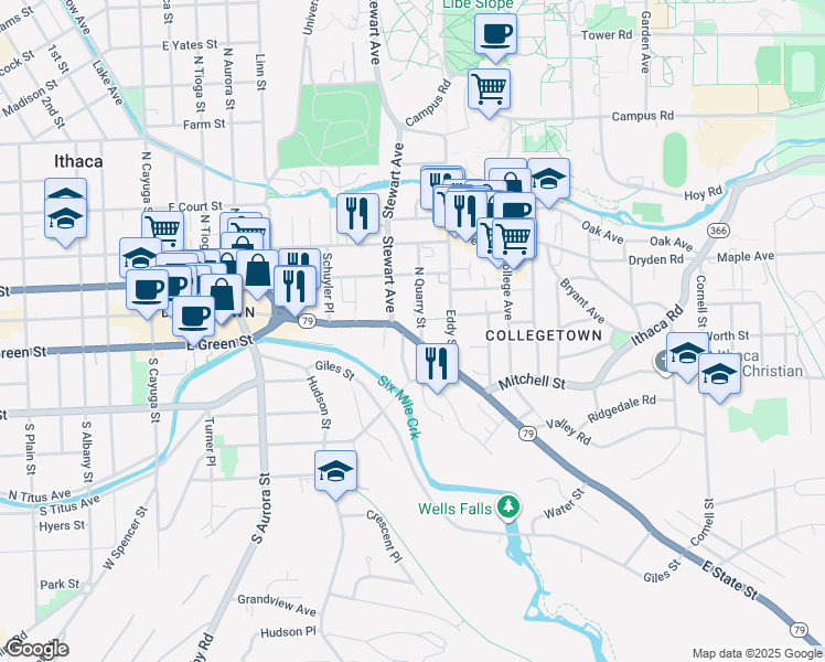 map of restaurants, bars, coffee shops, grocery stores, and more near 612 East State Street in Ithaca