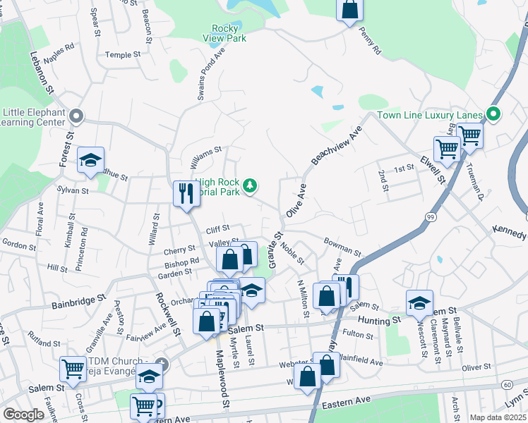 map of restaurants, bars, coffee shops, grocery stores, and more near 55 Rockingham Avenue in Malden