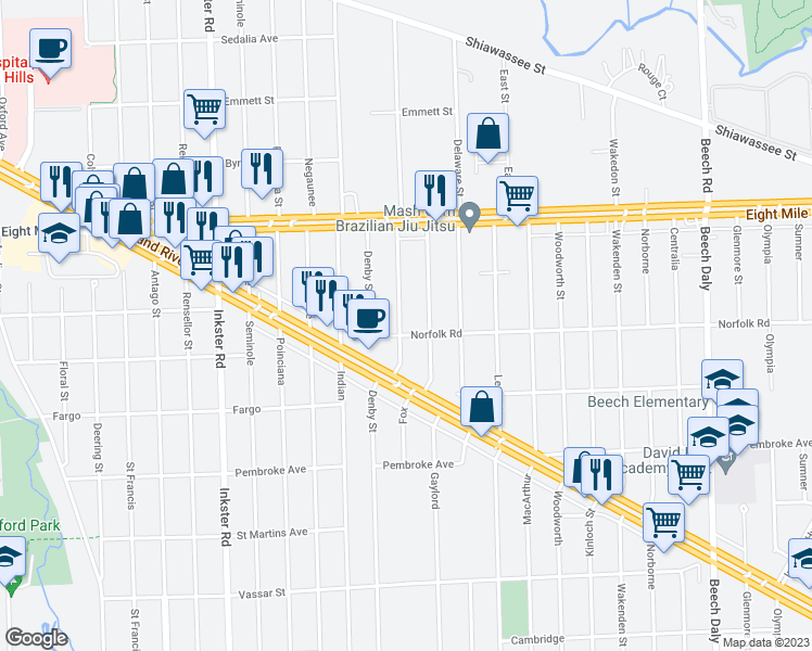 map of restaurants, bars, coffee shops, grocery stores, and more near 20414 Fox in Redford Charter Township