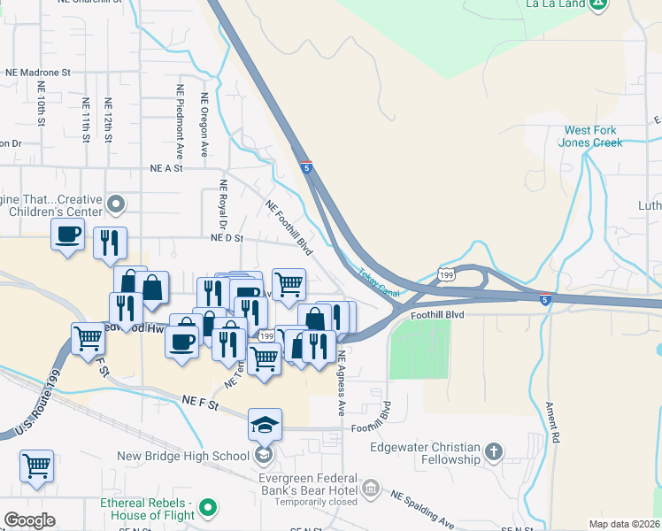 map of restaurants, bars, coffee shops, grocery stores, and more near 1842 Northeast Foothill Boulevard in Grants Pass