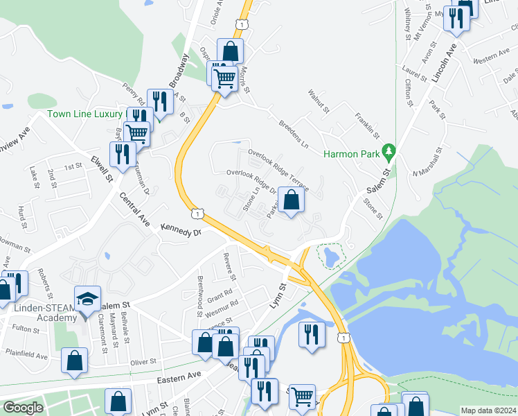 map of restaurants, bars, coffee shops, grocery stores, and more near 4 Stone Lane in Malden