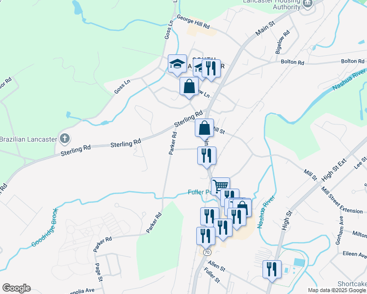 map of restaurants, bars, coffee shops, grocery stores, and more near 30 Parker Road in Lancaster