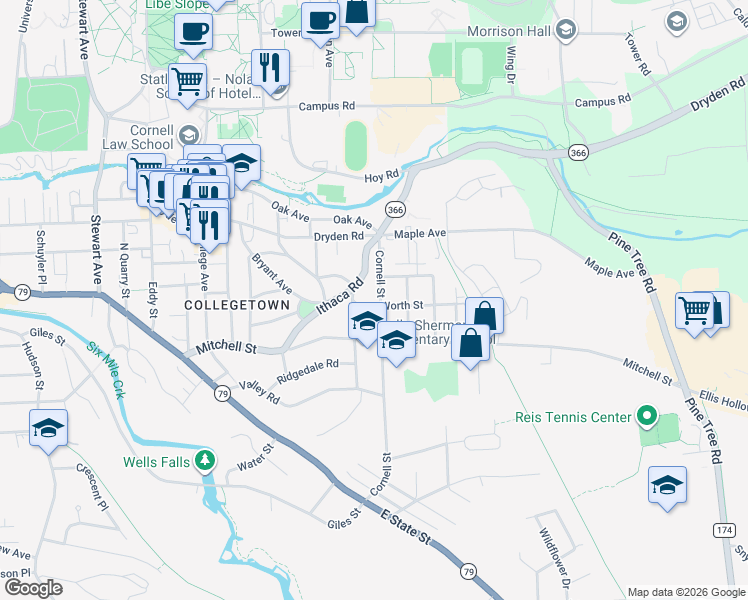 map of restaurants, bars, coffee shops, grocery stores, and more near 217 Cornell Street in Ithaca
