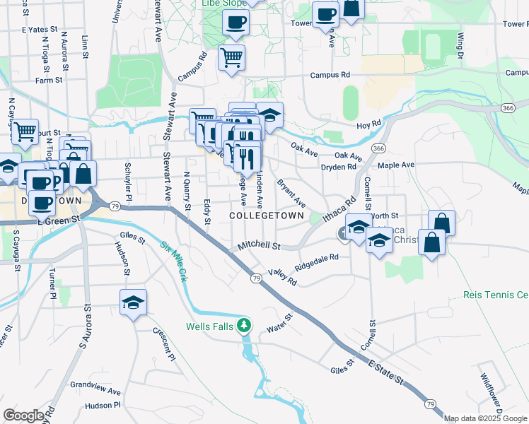 map of restaurants, bars, coffee shops, grocery stores, and more near in Ithaca