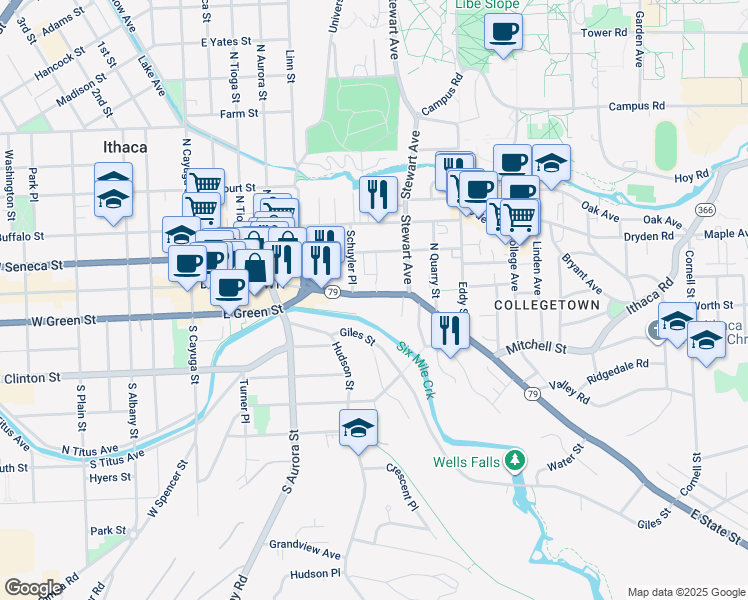 map of restaurants, bars, coffee shops, grocery stores, and more near 103 Sage Place in Ithaca