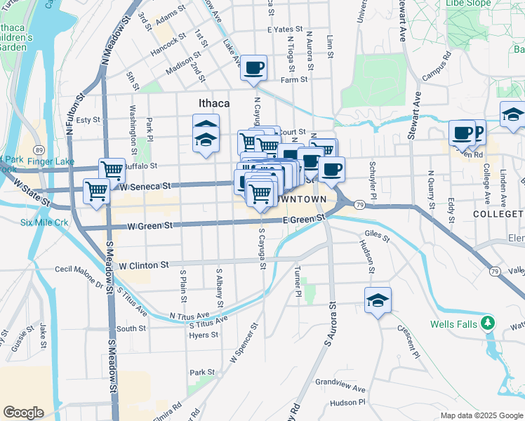 map of restaurants, bars, coffee shops, grocery stores, and more near in Ithaca