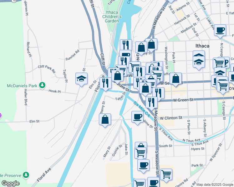 map of restaurants, bars, coffee shops, grocery stores, and more near 120 Brindley Street in Ithaca