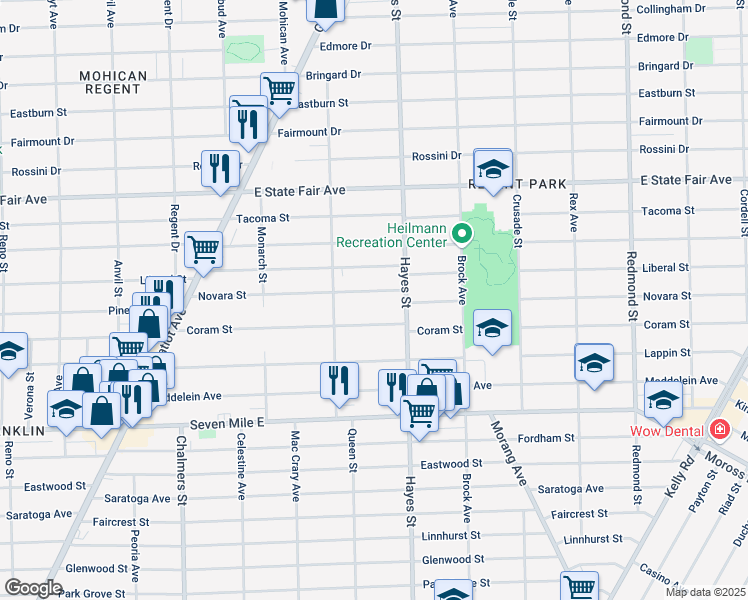 map of restaurants, bars, coffee shops, grocery stores, and more near 15017 Novara Street in Detroit
