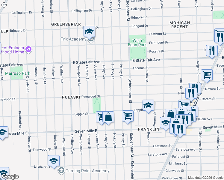 map of restaurants, bars, coffee shops, grocery stores, and more near 19566 Hickory Street in Detroit
