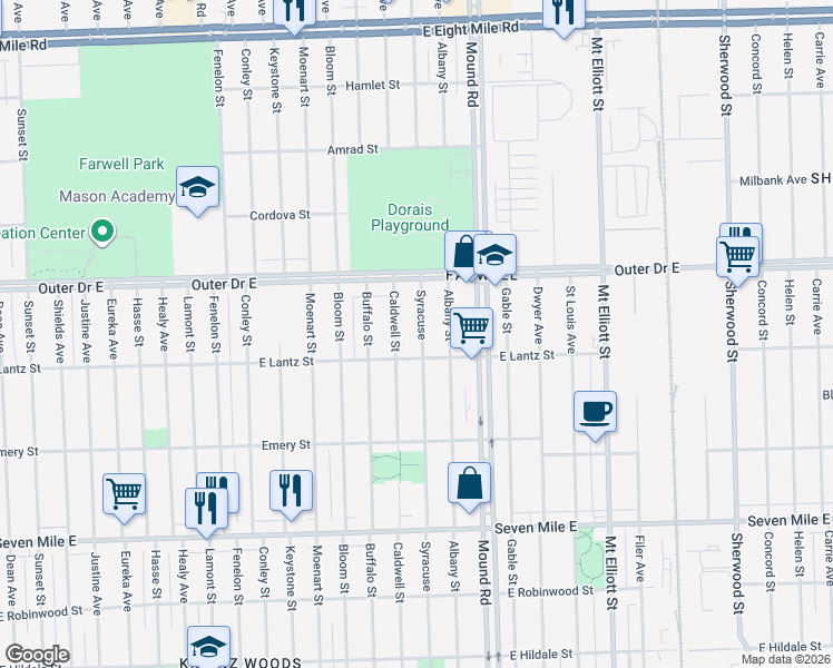 map of restaurants, bars, coffee shops, grocery stores, and more near 19676 Syracuse Street in Detroit