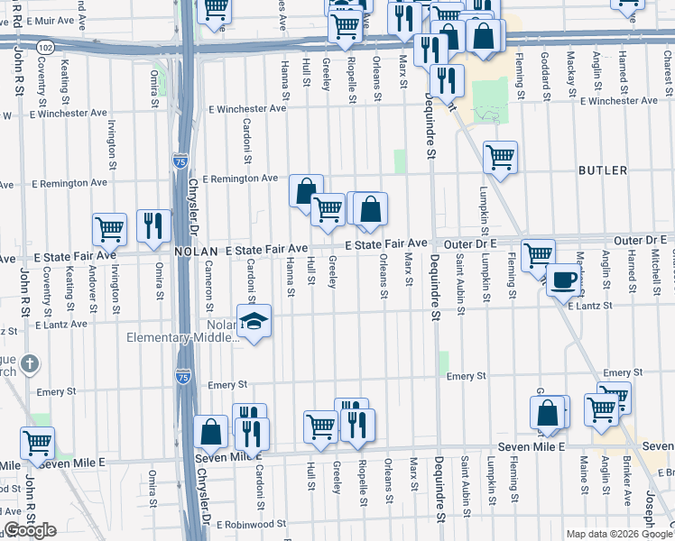 map of restaurants, bars, coffee shops, grocery stores, and more near 19729 Greeley Street in Highland Park