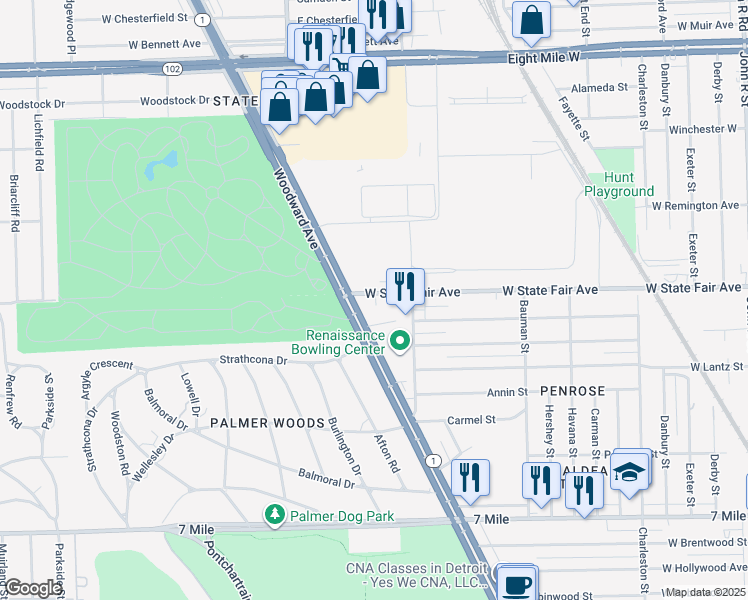 map of restaurants, bars, coffee shops, grocery stores, and more near in Detroit