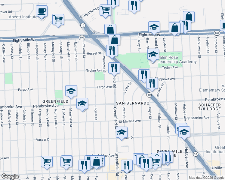 map of restaurants, bars, coffee shops, grocery stores, and more near 20001 Greenfield Road in Detroit