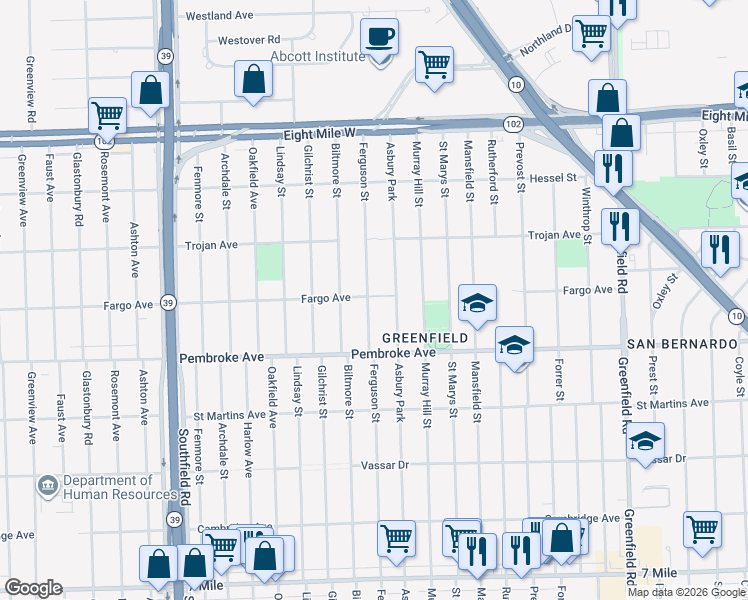 map of restaurants, bars, coffee shops, grocery stores, and more near 20018 Ferguson Street in Detroit