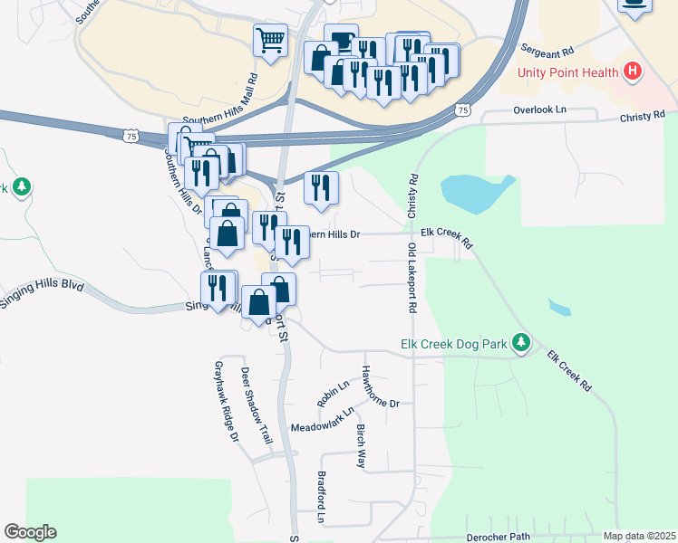 map of restaurants, bars, coffee shops, grocery stores, and more near 4557 Southern Hills Drive in Sioux City